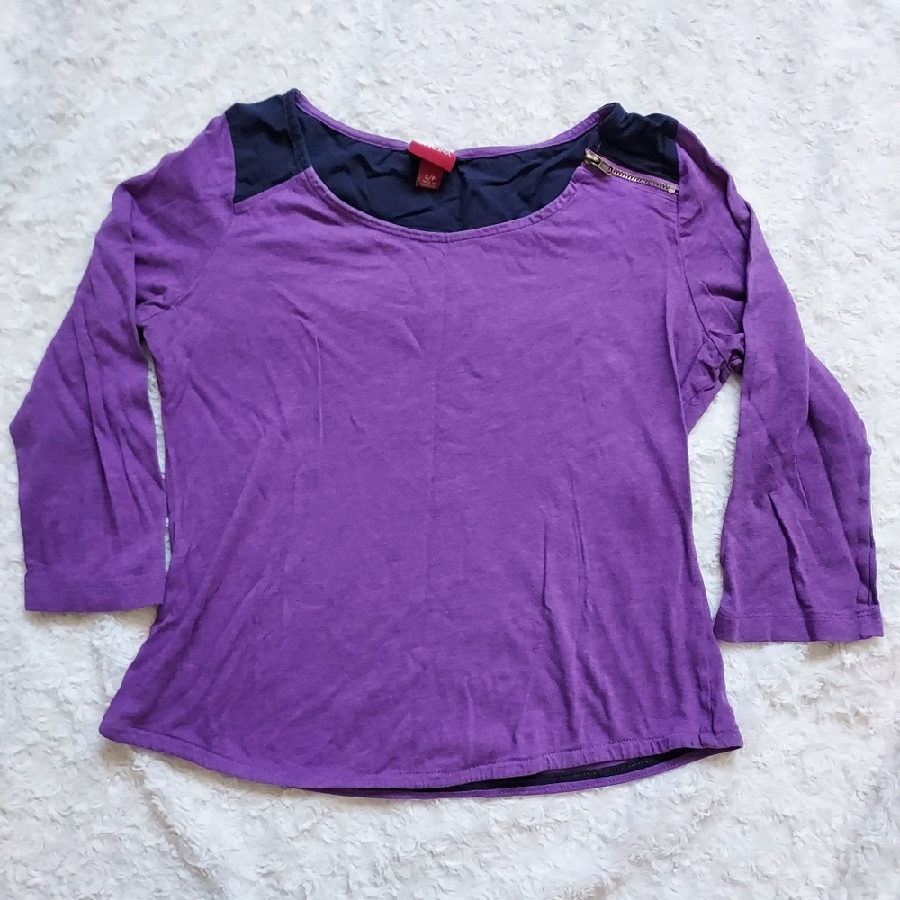 Merona Purple & Navy Blue 3/4 sleeve top Petite Small Edgy Jewel Tone